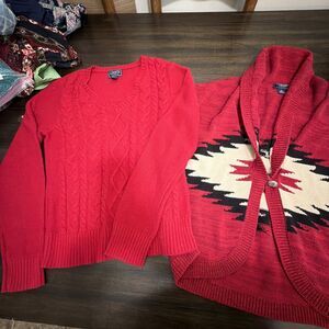 Chaps Sweater Women's Size Large Lot Of 2 Full Zip Cable Knit Aztec V-neck
